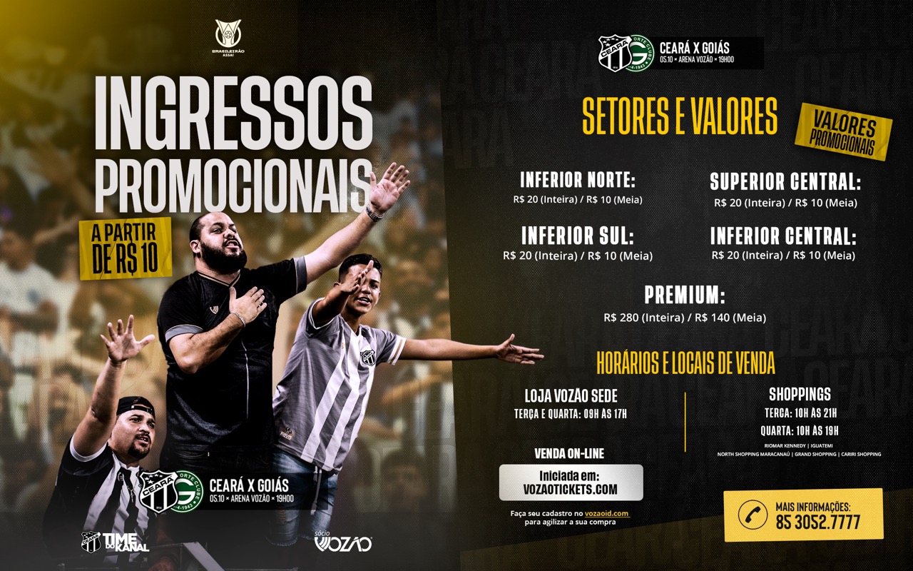 Ceará x Goiás: Torcida Alvinegra pode garantir ingressos a partir de R$10,00