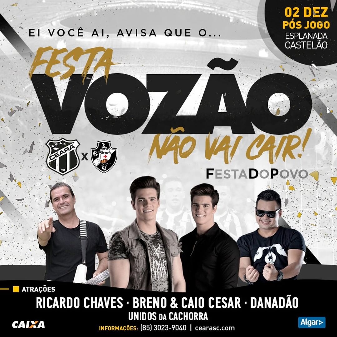 Festa “Vozão Não Vai Cair” promete agitar torcedor após jogo entre Ceará e Vasco